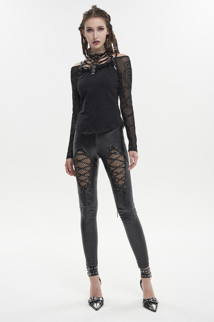 Black Stretch Diamond Wavy String Adjustable Slim Fit Women's Punk Trousers - Product - 5