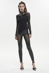 Black Stretch Diamond Wavy String Adjustable Slim Fit Women's Punk Trousers - Product - 5