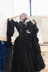 Black [Sleepwalking] Long Hime Sleeves Stitching Lace Plus Size Gothic Elegant Lolita Skirt Set - Product - 9