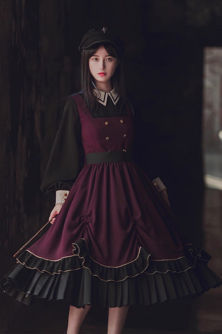 Purple/Black Trainee Magician Fake Two Piece Long Sleeves Ruffle Pleated Gothic Lolita Dress - Product - 2