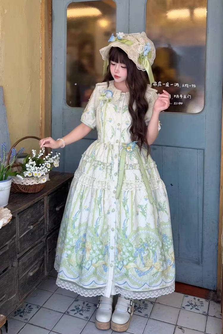 Ivory/Green [Lily of the Valley Perfume] Pearl Candy Tea Doll Collar Short Sleeves Printed Lace Plus Size Sweet Lolita OP Dress - Ivory/Green - 1