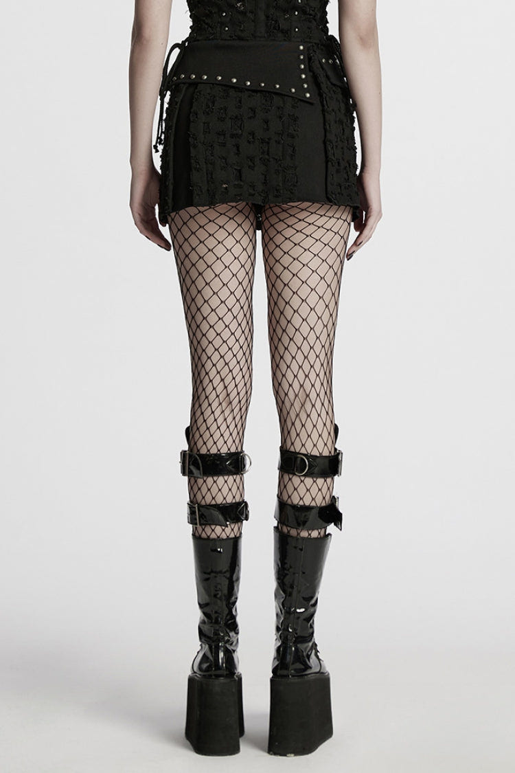 Black Ripped Asymmetric Studded Women's Punk Denim Skirt - Product - 3