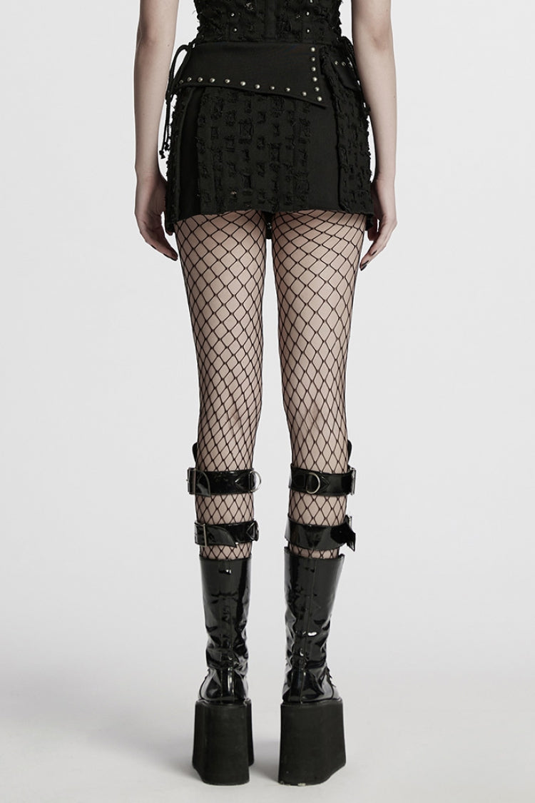 Black Ripped Asymmetric Studded Women's Punk Denim Skirt - Product - 3