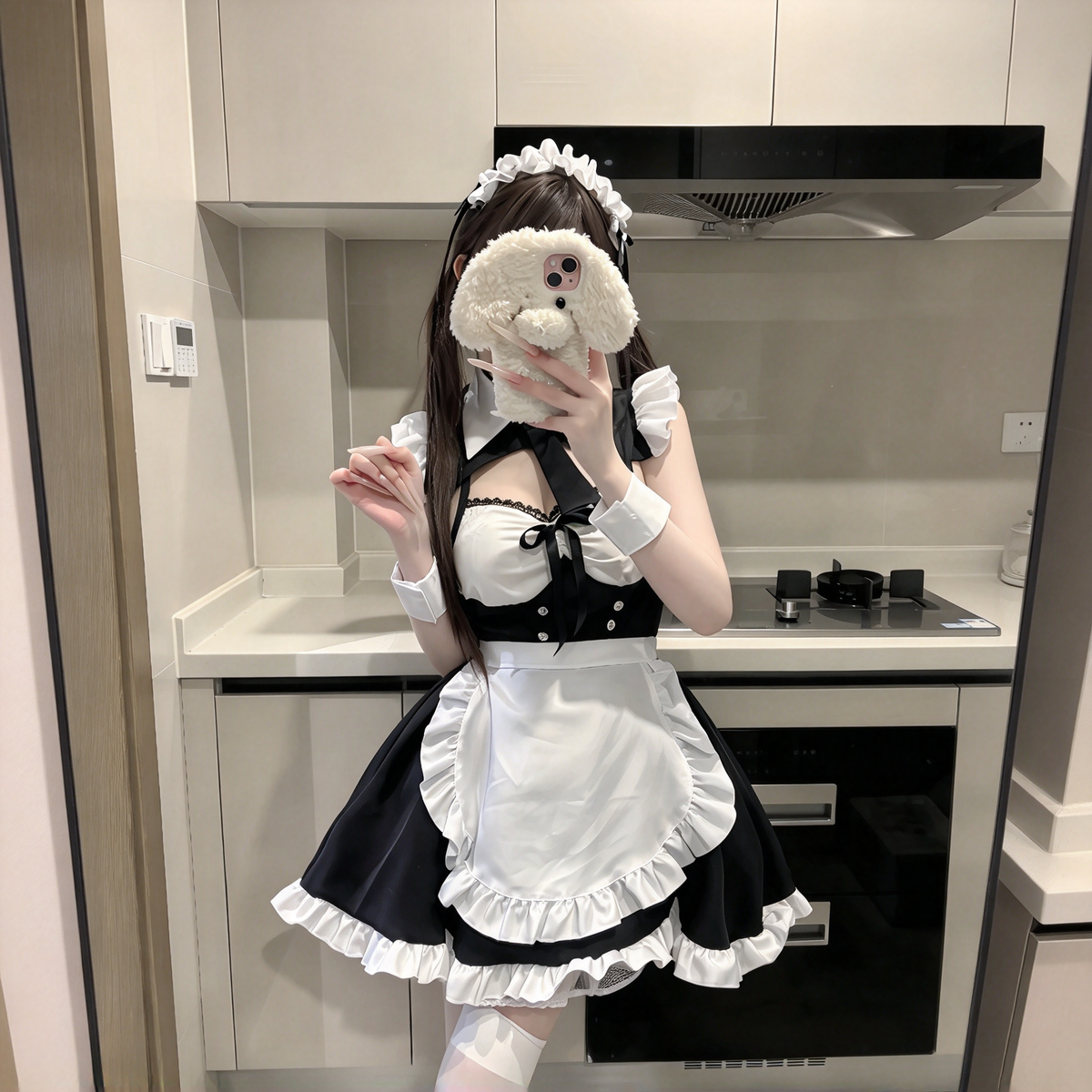 Black and White Ruffled Maid Lolita Dress with Apron Bow Accent - view 5
