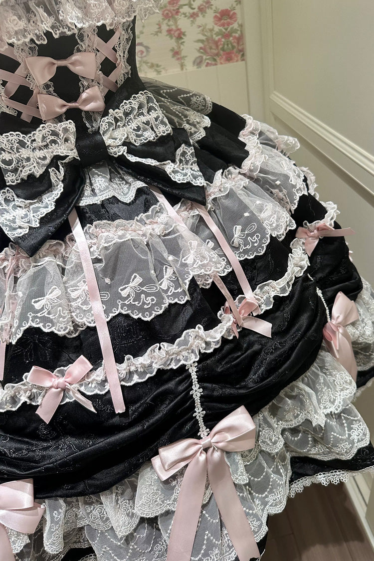 Black/Pink [Silk Satin Gift Box] Square Collar Sleeveless Multi-Layered Ruffled Bow Lace Sweet Lolita Jsk Dress - Product - 9