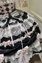 Black/Pink [Silk Satin Gift Box] Square Collar Sleeveless Multi-Layered Ruffled Bow Lace Sweet Lolita Jsk Dress - Product - 9