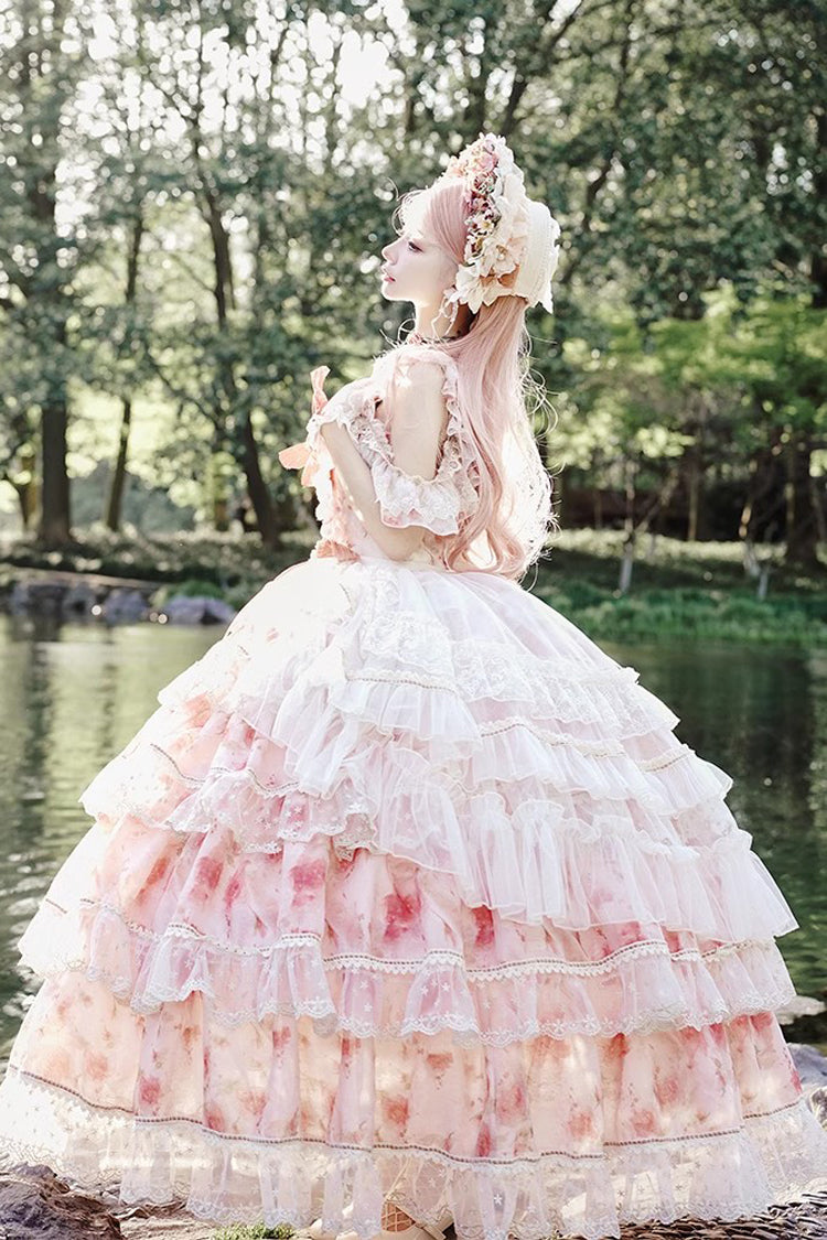 Pink [Rose Letter] Off Shoulder Triple-Layered Print Ruffle Hanayome Sweet Princess Lolita Dress - Product - 2