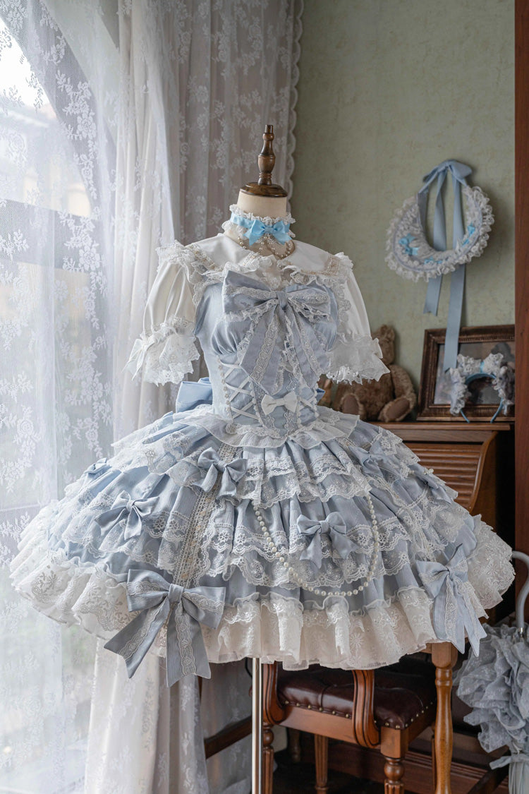 Blue [Small Cakes] Sleeveless Multi-Layered Ruffle Bowknot Lace Sweet Lolita Jsk Dress - Blue - 1