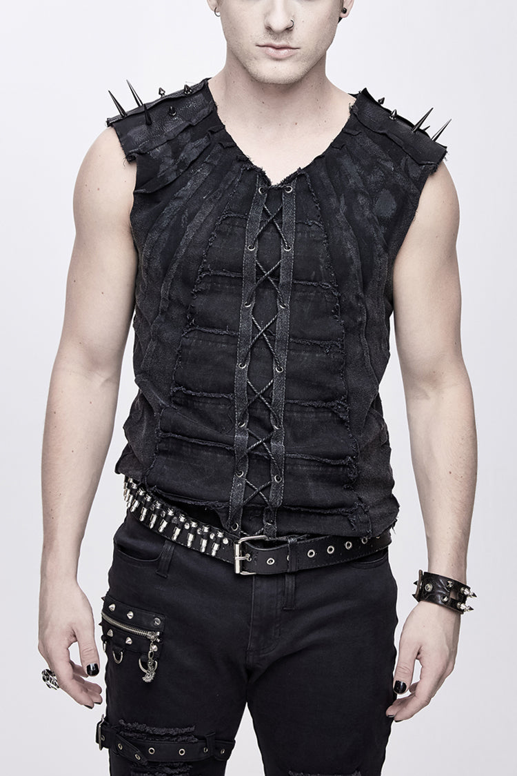 Black Patchwork Unedged Coarse Grain Leather Long Pointed Nails Distressed Men's Punk Vest - Black - 1
