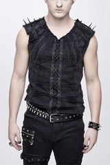 Black Patchwork Unedged Coarse Grain Leather Long Pointed Nails Distressed Men's Punk Vest - Black - 1