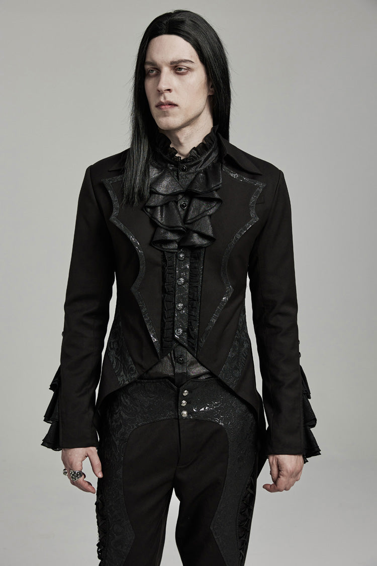 Black Bat Collar Ruffle Men's Swallow-tailed Gothic Coat - Black - 1