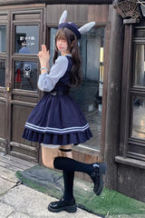 Blue [Rabbit Officer] Long Sleeves Printed Ruffled Faux Two-Piece College Style Sweet Lolita Dress - Product - 14