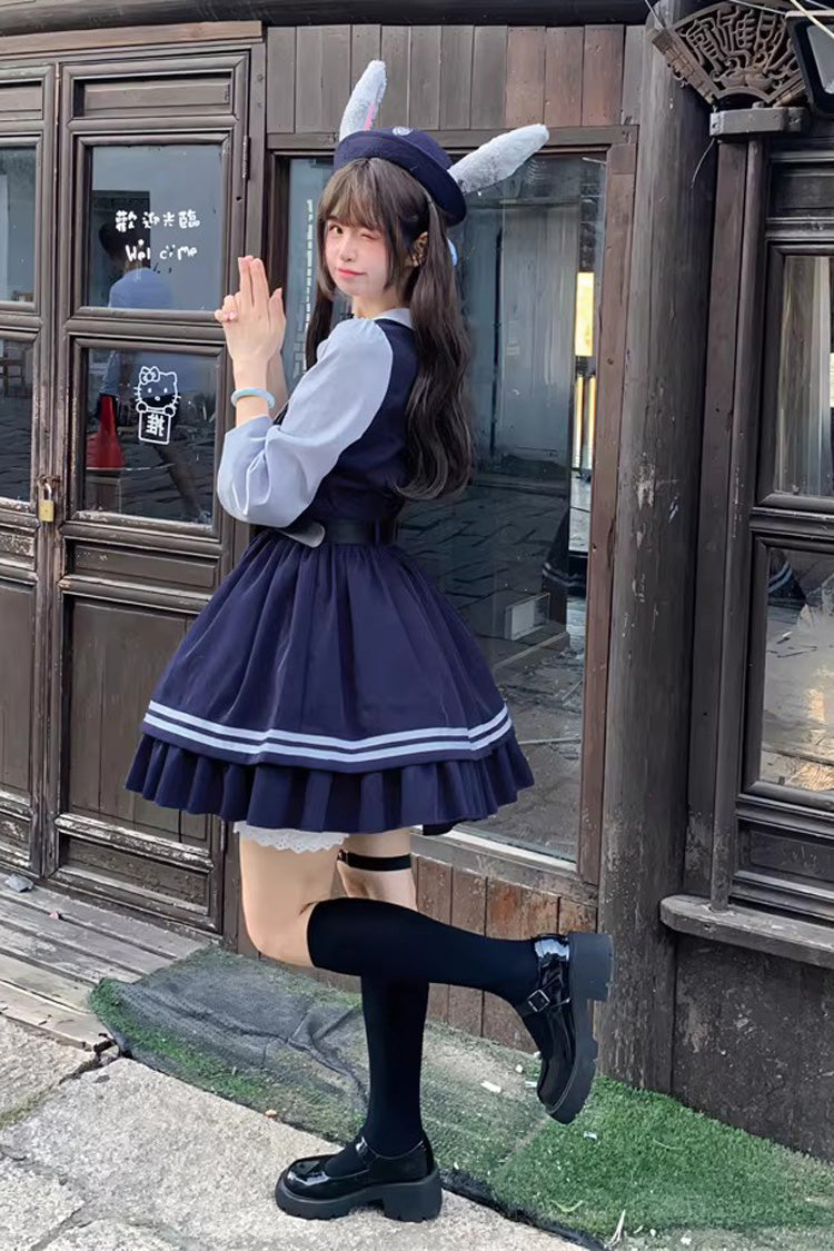 Blue [Rabbit Officer] Long Sleeves Printed Ruffled Faux Two-Piece College Style Sweet Lolita Dress - Product - 14