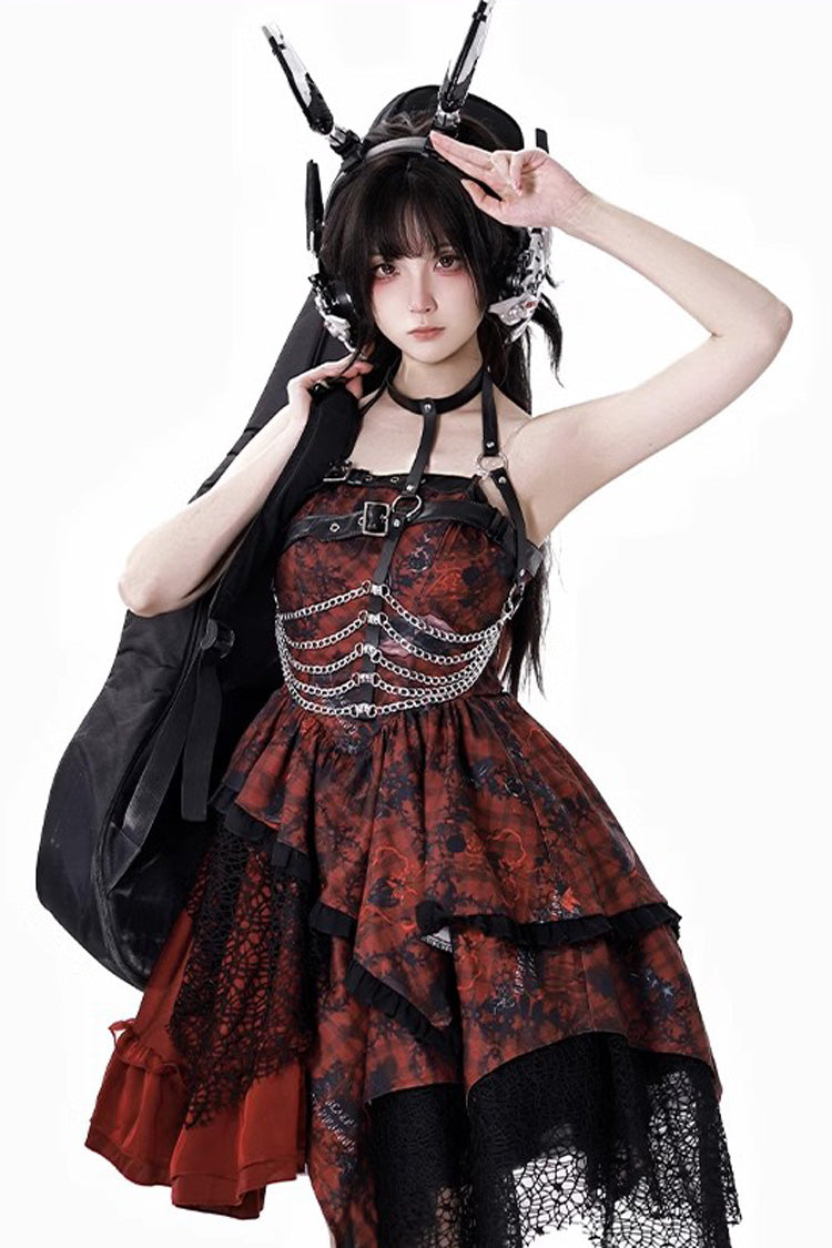 Red [Strawberries of Blood and Tears] Sleeveless Print Ruffle Bowknot Lace Asymmetric Gothic Lolita Jsk Dress - Red - 1