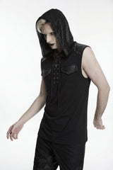 Black Spliced Lace-Up Hooded Studded Men's Punk Cool Vest - Product - 7