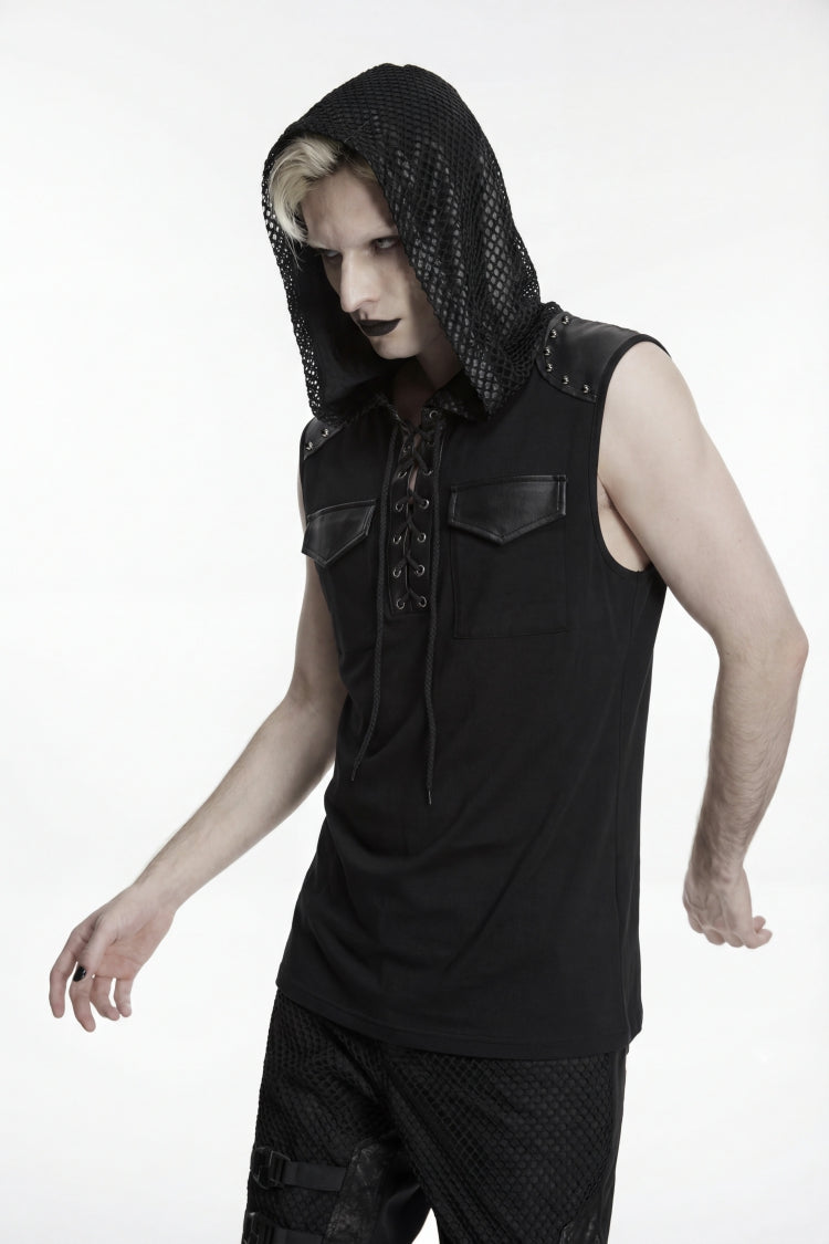 Black Spliced Lace-Up Hooded Studded Men's Punk Cool Vest - Product - 7