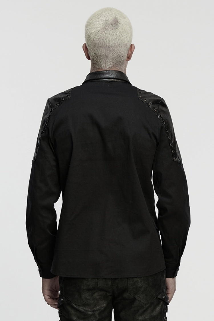 Black Lapel Collar Long Sleeves Stitching Eyelet Men's Punk Blouse - Product - 3