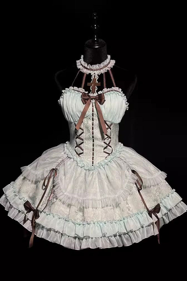 Mint Green Cross Halterneck Ruffle Bowknot Lace Lace-Up Princess Sweet Lolita Dress - Product - 3