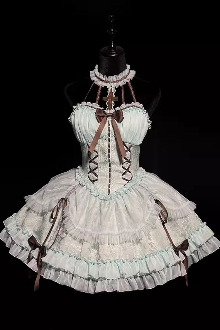Mint Green Cross Halterneck Ruffle Bowknot Lace Lace-Up Princess Sweet Lolita Dress - Product - 3