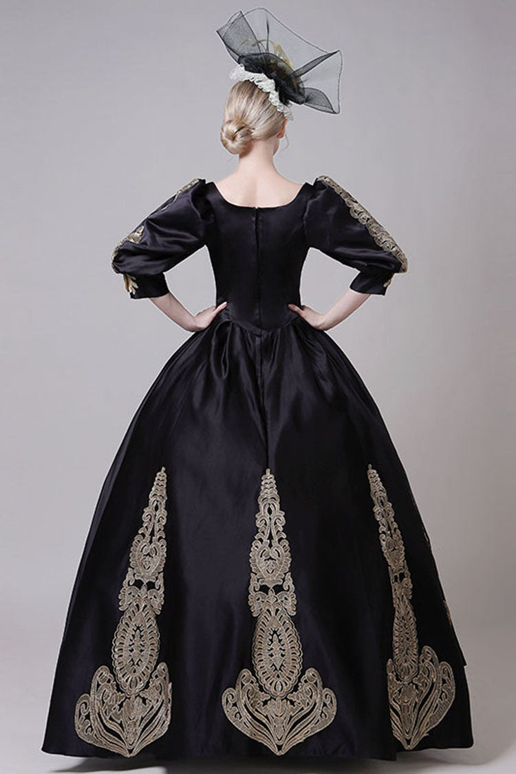 Boat Neck Half Sleeves High Waisted Three Dimensional Golden Floral Hollow Print Victorian Lolita Prom Dress - Product - 5