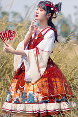 Wine Ukiyolu Cat Print Long Sleeves Chinese Style Fake Two Pieces Bowknot Ruffled Sweet Lolita OP Dress - Product - 4