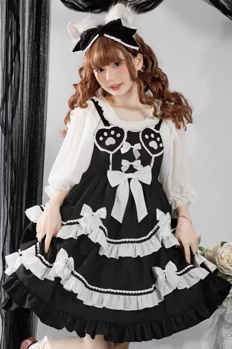 Black/White Bear Paw Print Ruffle Bowknot Sweet Princess Lolita Jsk Dress - Product - 5