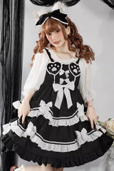 Black/White Bear Paw Print Ruffle Bowknot Sweet Princess Lolita Jsk Dress - Product - 5