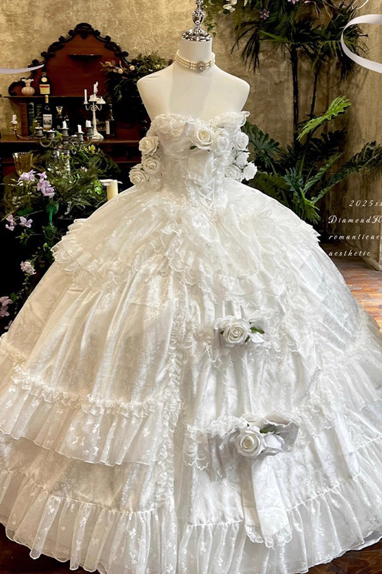 White [Love and Roses] Ruffle Hanayome Bowknot Lace Sweet Princess Lolita Jsk Dress - Product - 3