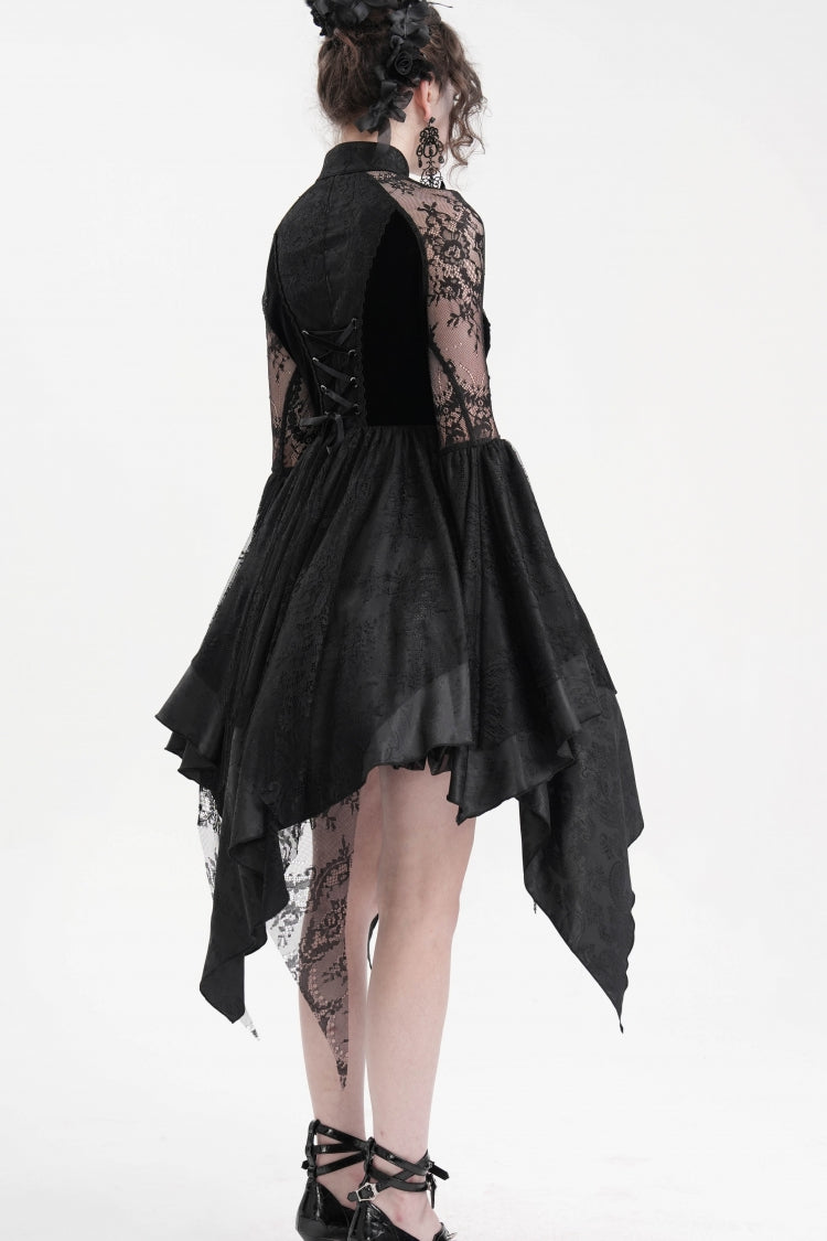 Black Long Sleeves Embroidery Lace Lace-Up Irregular Sheer Mesh Women's Gothic Dress - Product - 13
