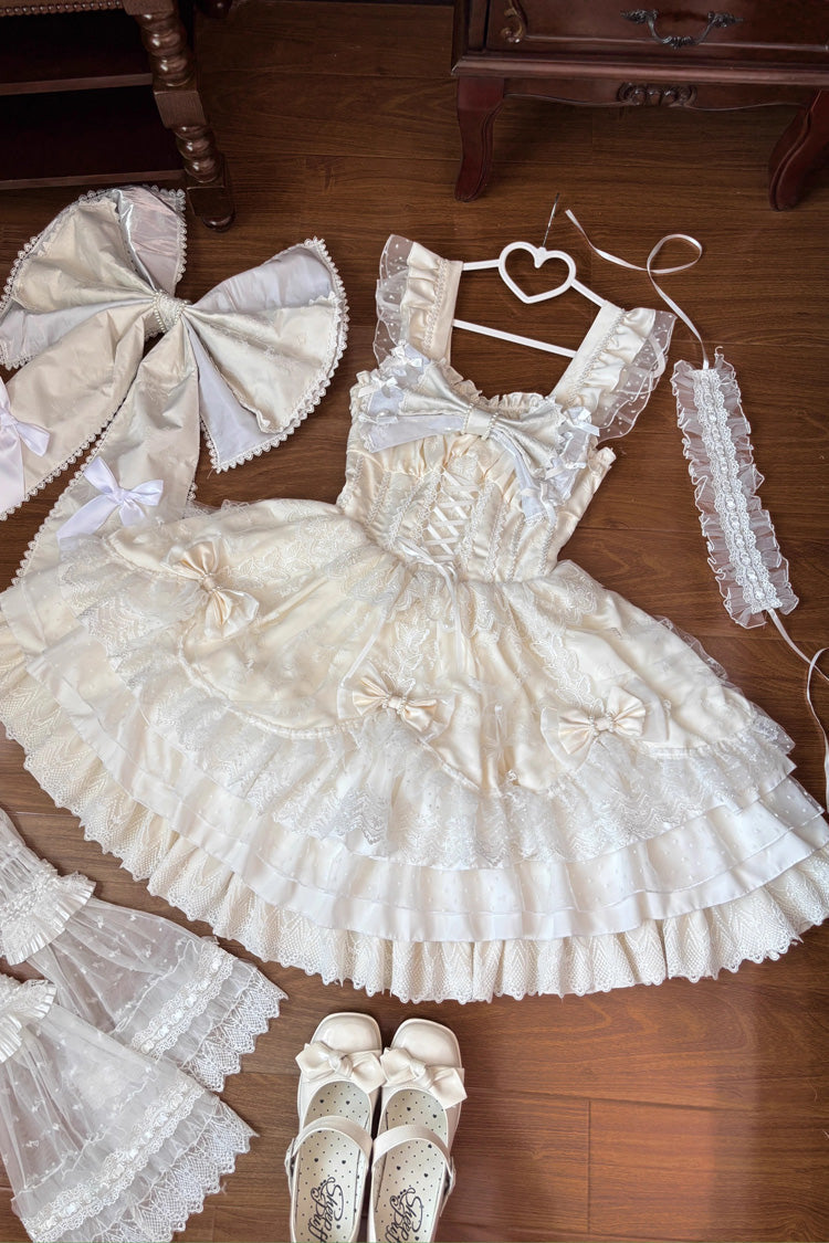 Ivory Sleeveless Triple-Layered Ruffle Embroidery Bowknot Lace-Up Pearl Sweet Plus Size Lolita Jsk Dress - Product - 3