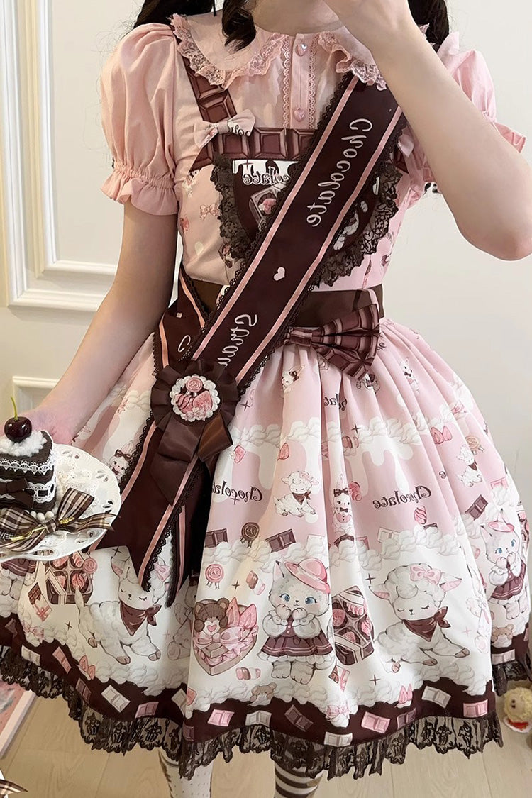 Chocolate Rosette Cat Print Bowknot Stitching Lace Sweet Lolita Jsk Dress 4 Colors - Product - 7
