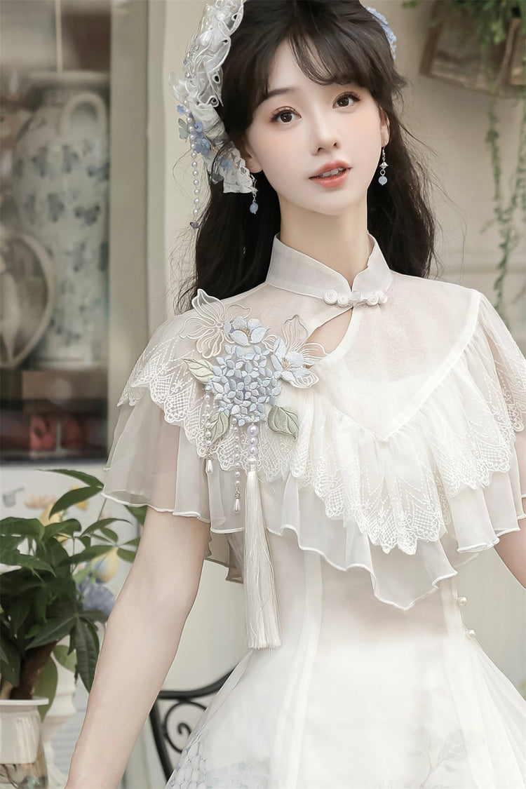 White [Hydrangea Message] Short Sleeves Print Ruffle Lace Sweet Chinese Style Elegant Lolita Short Dress - Product - 15