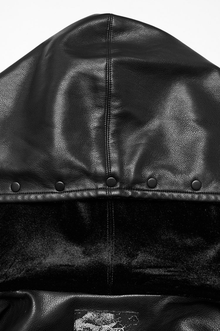 Black Long Sleeves Elastic Waist Faux Leather Hooded Women's Punk Jacket - Product - 5
