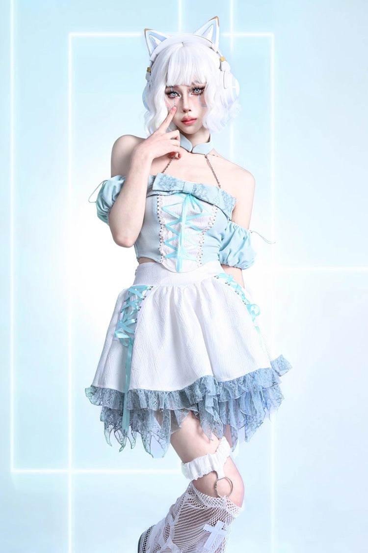 White [Virtual Idol] Ruffle Lace Lace-Up Sweet Lolita Skirt - White - 1