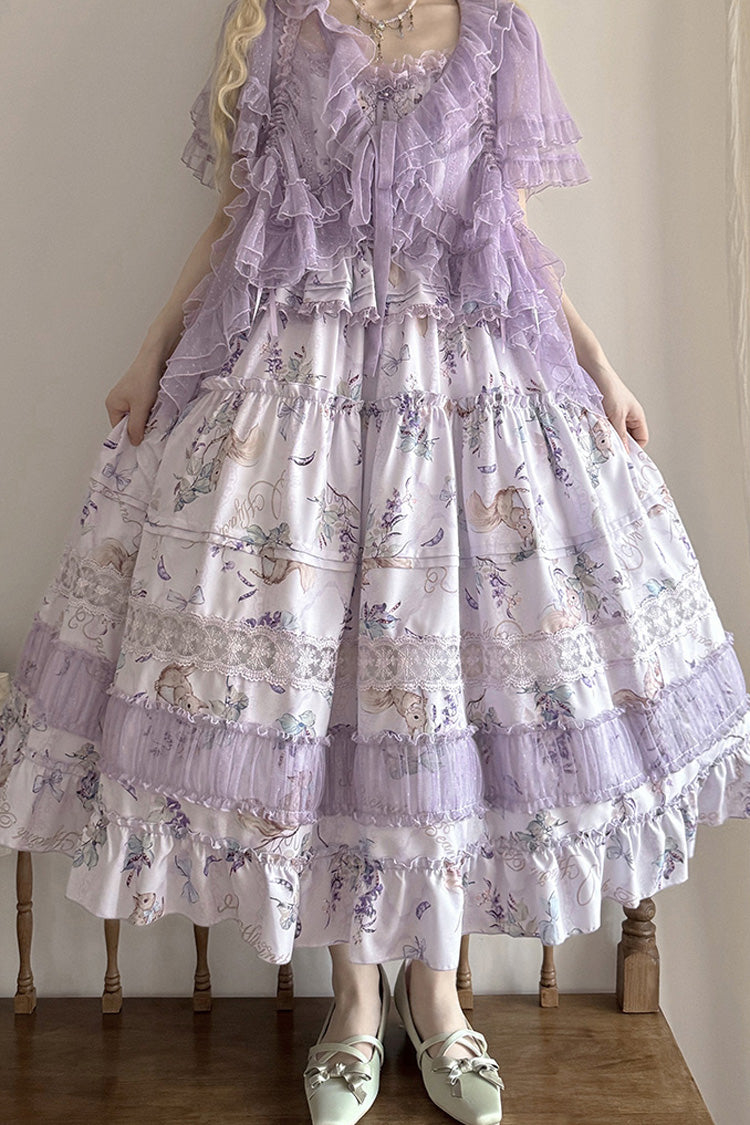 Purple [Pea Squirrel] Sleeveless Multi-Layered Pastoral Print Ruffle Embroidery Lace Sweet Elegant Lolita Jsk Dress - Product - 9
