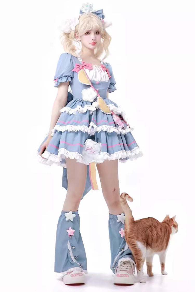 Blue/Pink Garden Party Short Puff Sleeves Multi-layer Ruffle Bowknot Sweet Lolita Dress - Product - 2