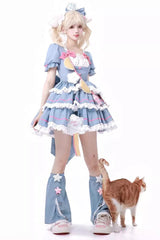 Blue/Pink Garden Party Short Puff Sleeves Multi-layer Ruffle Bowknot Sweet Lolita Dress - Product - 2
