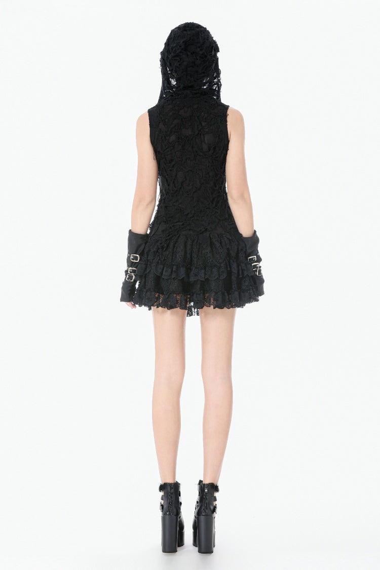 Black Sleeveless Mesh Ripped Asymmetric Zippered Eyelet Women's Punk Hooded Top - Product - 4