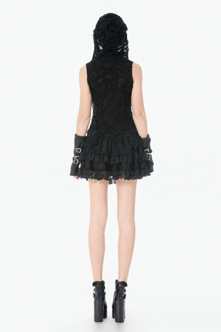 Black Sleeveless Mesh Ripped Asymmetric Zippered Eyelet Women's Punk Hooded Top - Product - 4