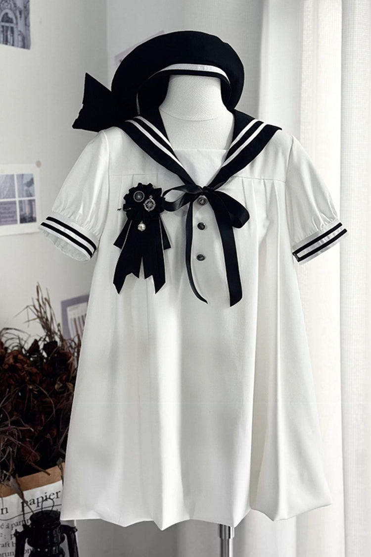 Black/White [Old Stories] Navy Collar Short Sleeves Bowknot Sweet Lolita Dress - Black/White - 1