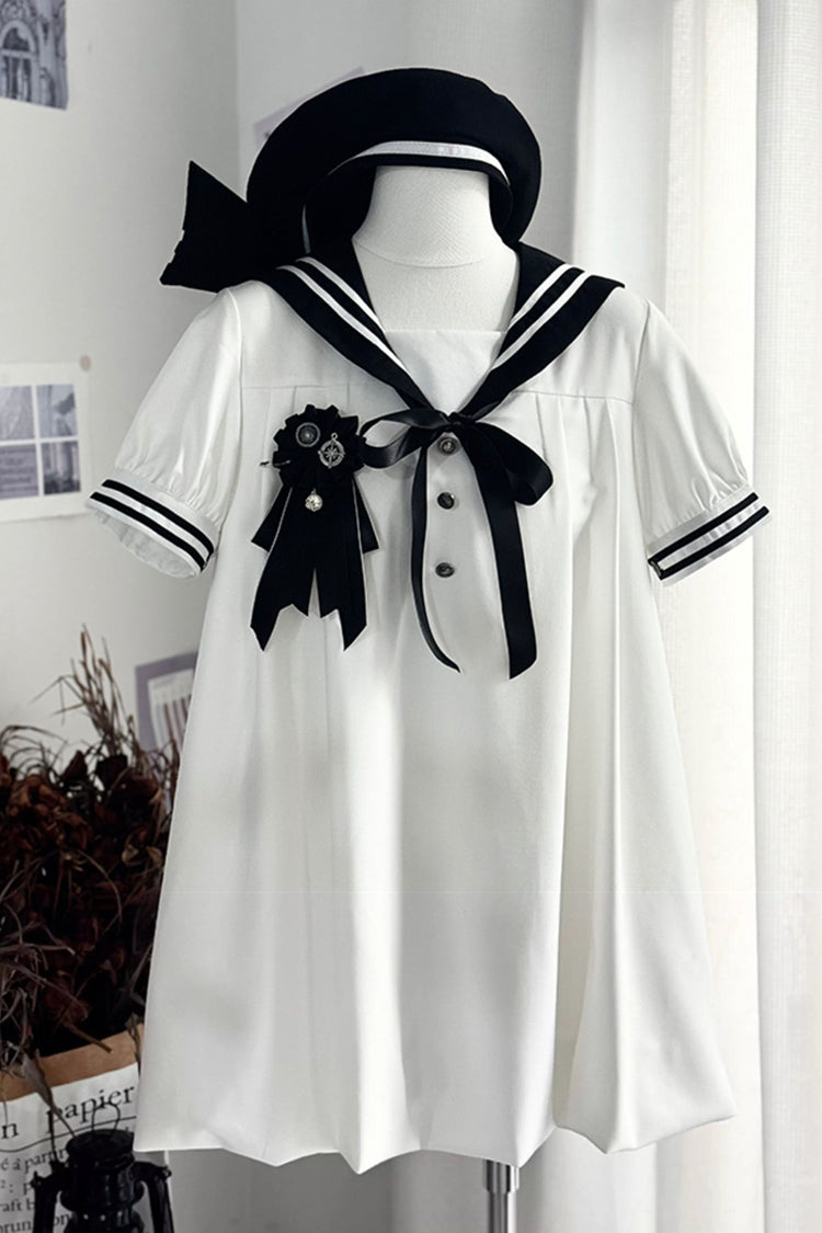 Black/White [Old Stories] Navy Collar Short Sleeves Bowknot Sweet Lolita Dress - Black/White - 1