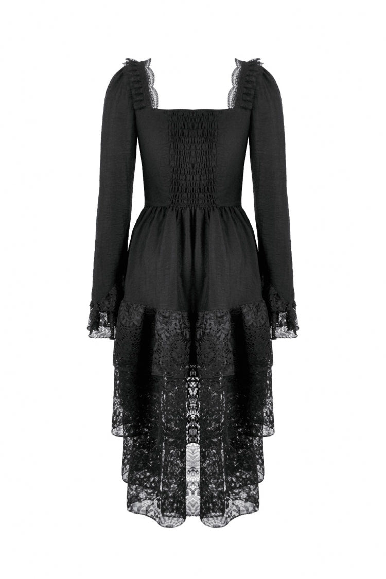 Black Square Collar Long Trumpet Sleeves Lace Lace-Up Multi-Layered High-Low Women's Gothic Dress - Product - 15