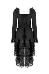 Black Square Collar Long Trumpet Sleeves Lace Lace-Up Multi-Layered High-Low Women's Gothic Dress - Product - 15
