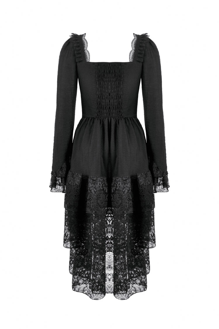 Black Square Collar Long Trumpet Sleeves Lace Lace-Up Multi-Layered High-Low Women's Gothic Dress - Product - 15