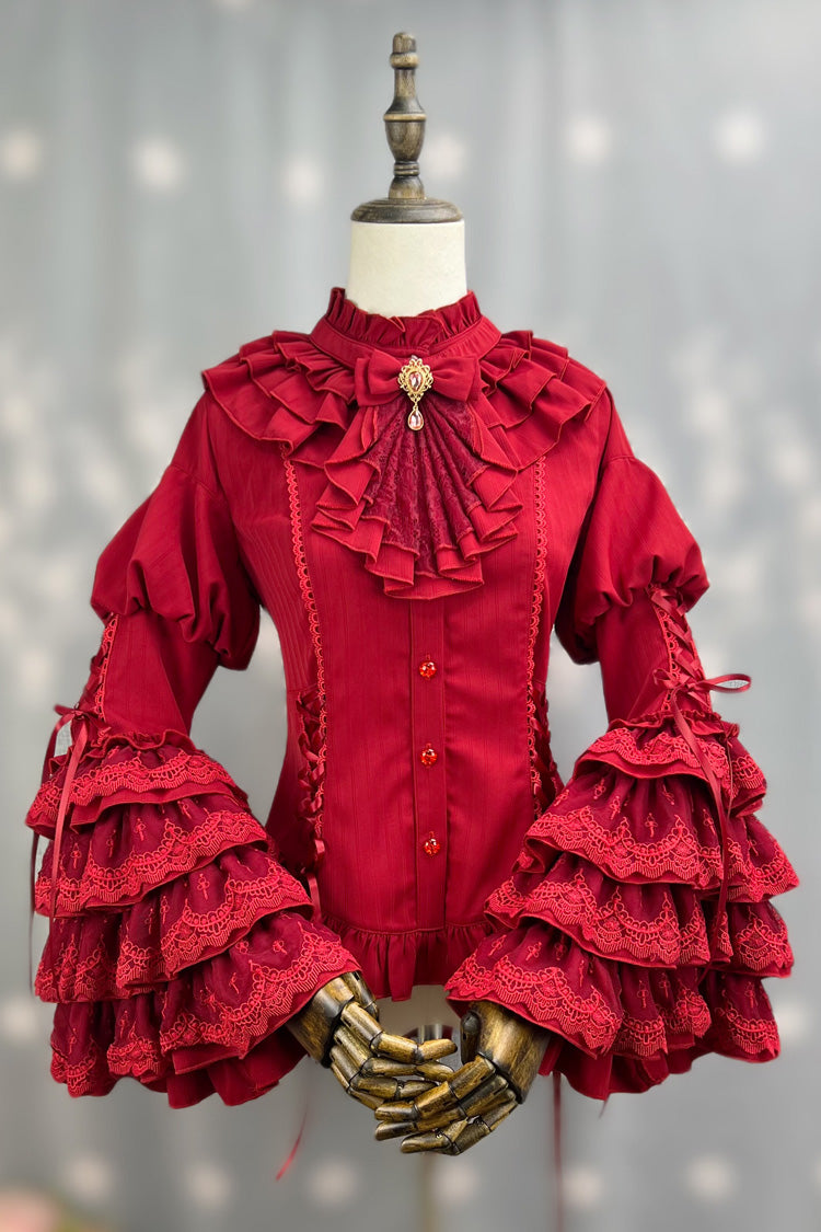 [The Angel of Good and Evil] Long Trumpet Sleeves Multi-Layered Ruffled Lace Classic Elegant Lolita Blouse 4 Colors - Red - 2