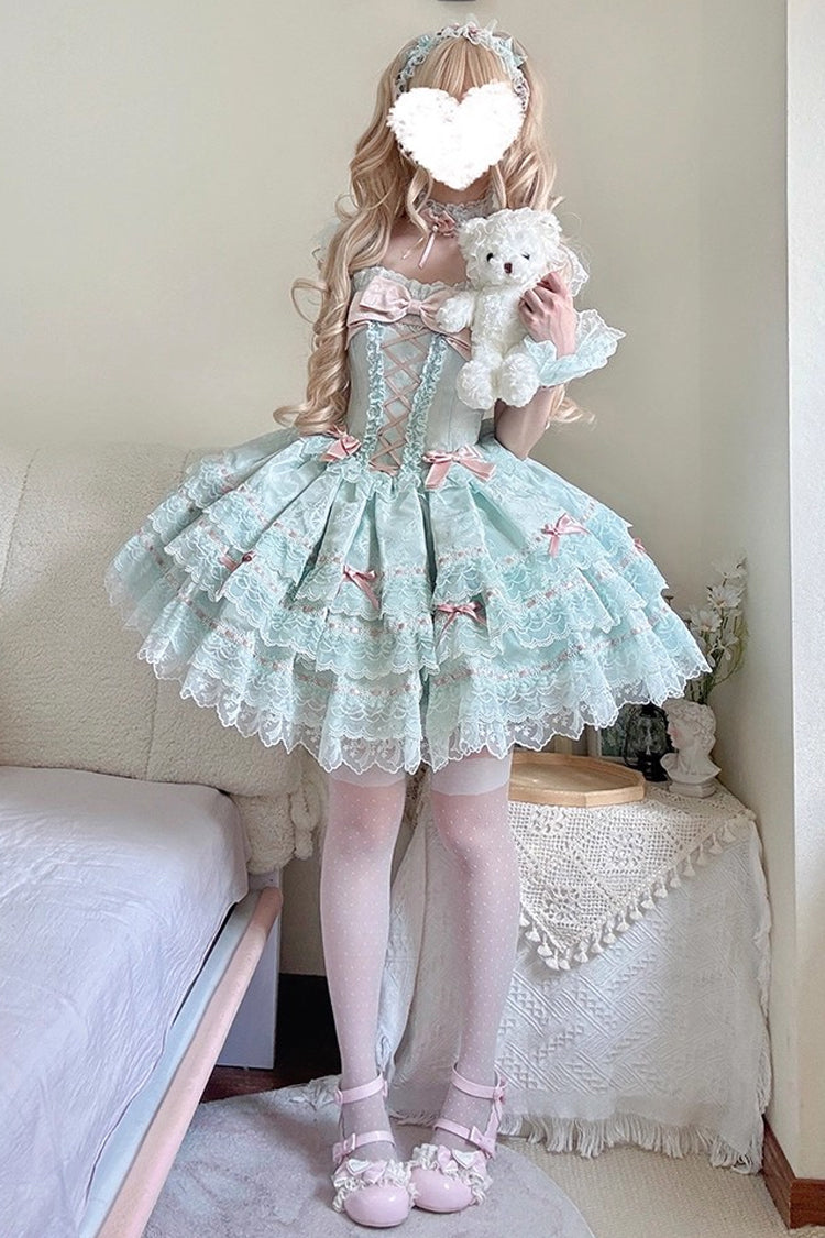 Green [Flora Isle Butterfly] Sleeveless Ruffle Bowknot Lace Lace-Up Sweet Elegant Lolita Jsk Dress - Product - 10