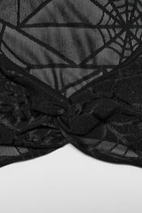 Black Spider Web Print Hollow Halter Neck Women's Punk Two-Piece Set (T-Shirt and Vest) - Product - 7