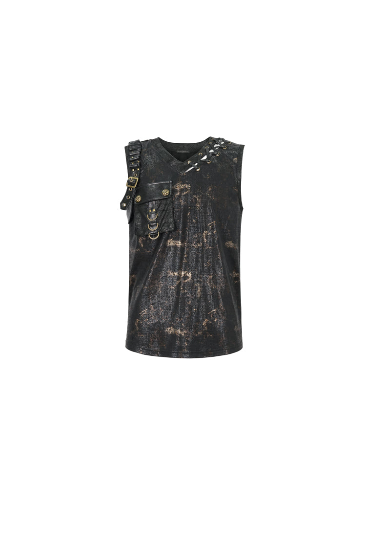 Black Personalized Print Big Pocket Buckle Men's Punk Tank Top - Product - 6