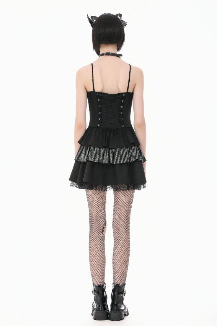 Black/White Contrast Stripes Lace-Up Multi-Layered Ruffled Hem Women's Gothic Slip Dress - Product - 10