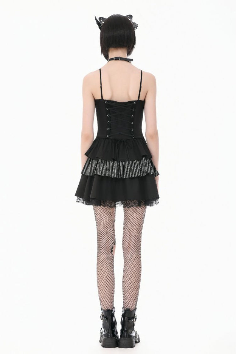 Black/White Contrast Stripes Lace-Up Multi-Layered Ruffled Hem Women's Gothic Slip Dress - Product - 10
